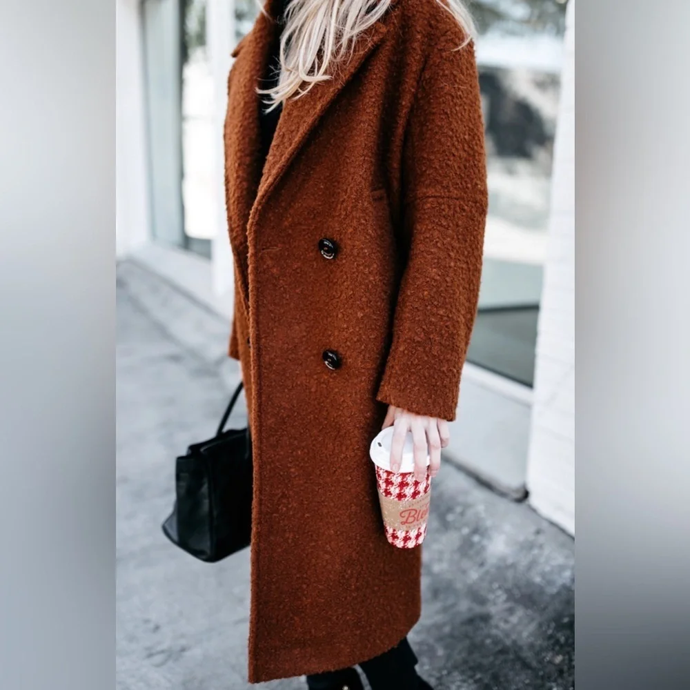 TOPSHOP Teddy Boucle Brown Double Breasted Collared Overcoat Size 8